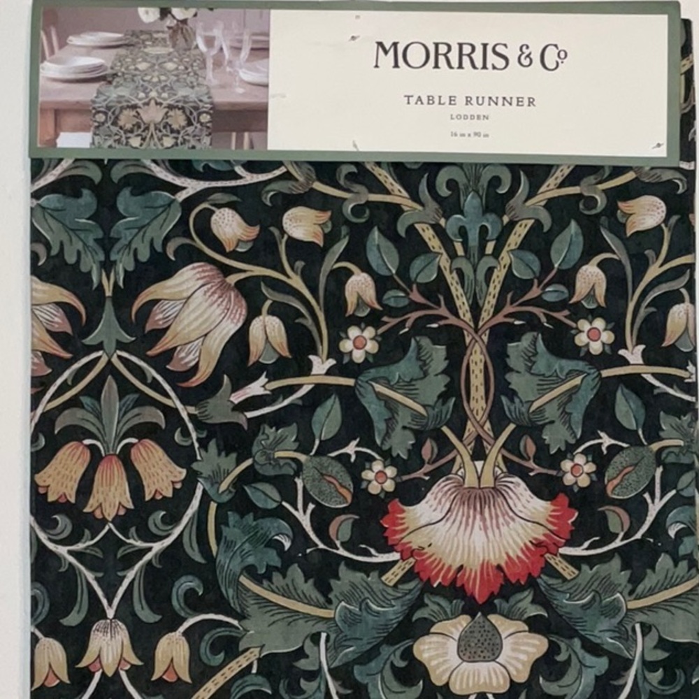 MORRIS & Co. LODDEN FLORAL GREEN 100% COTTON REVERSIBLE TABLE RUNNER 90x16” NWT